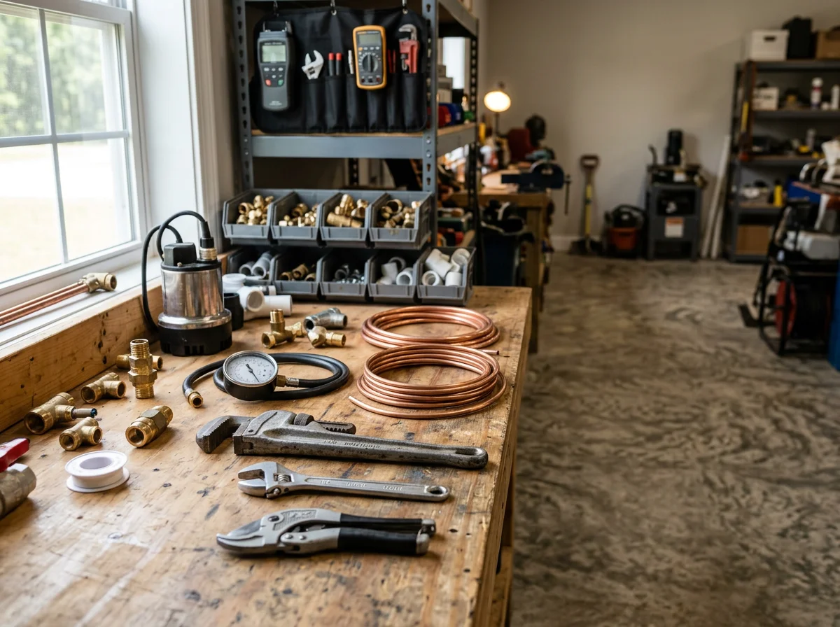 Plumbing tools and equipment arranged on a work surface, representing the trade services and diagnostic capabilities.