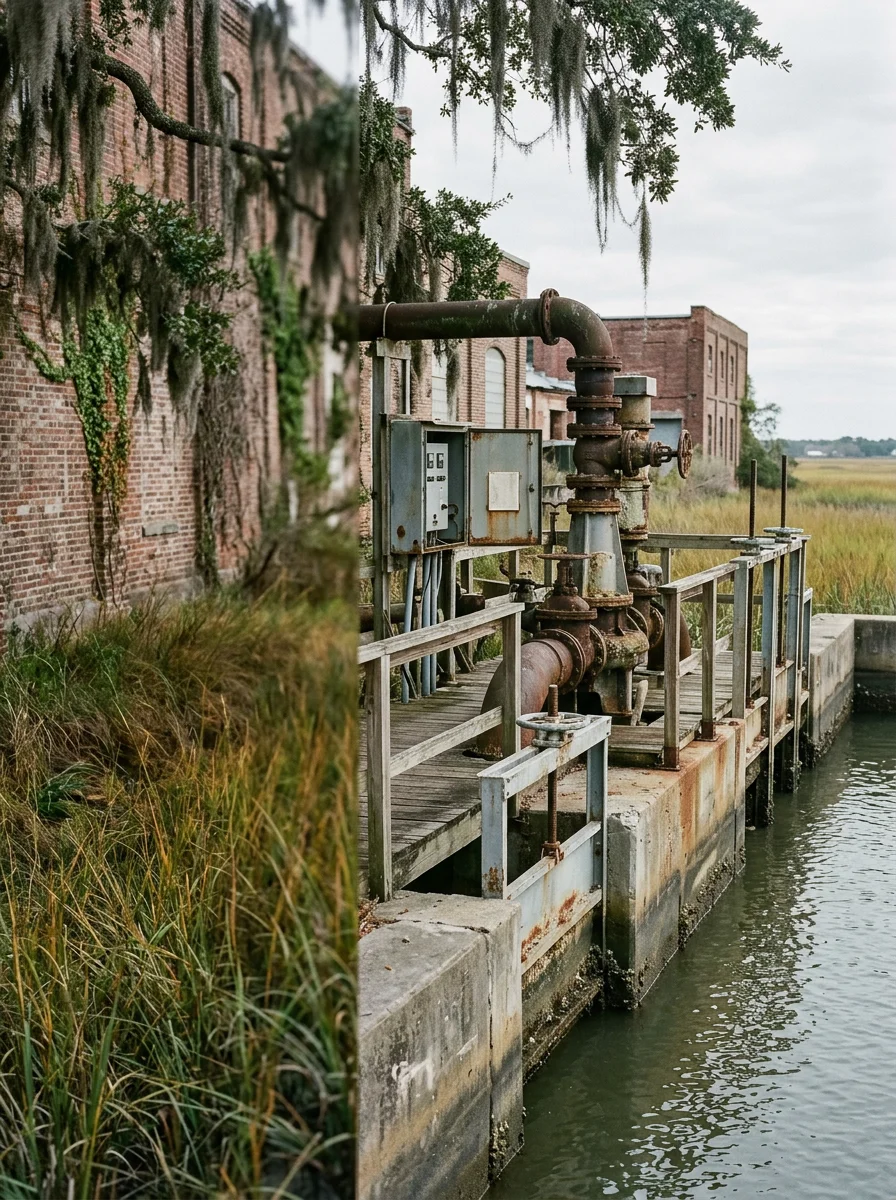 Charleston waterfront at high tide with pump station and drainage infrastructure managing tidal flooding