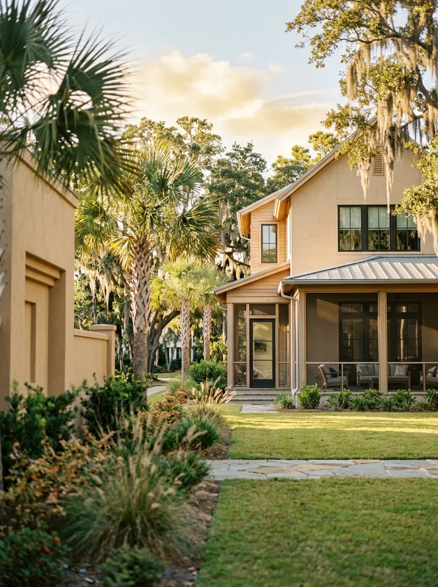 Modern Lowcountry home on Daniel Island with screened porch and landscaping, showing newer construction typical of the island's planned neighborhoods