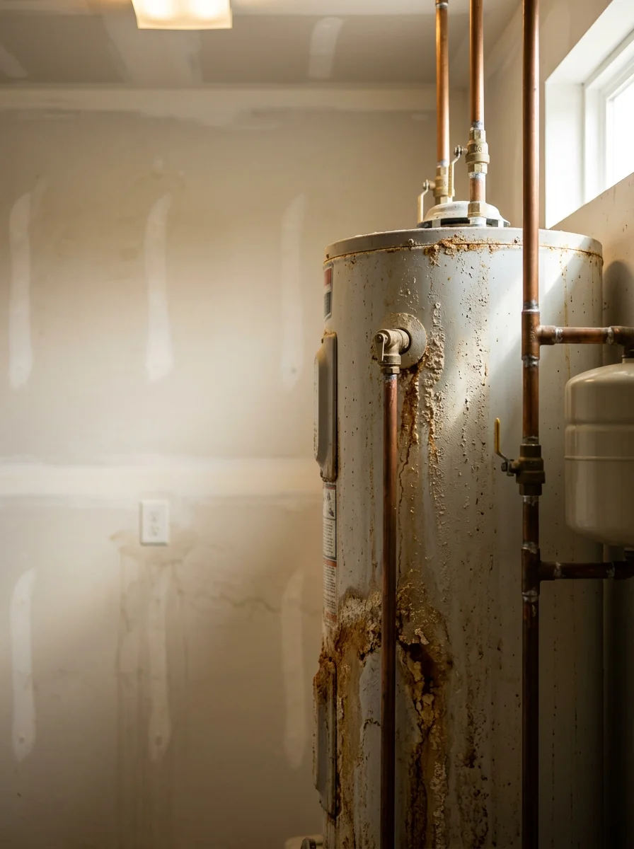 Water heater installation in a Goose Creek home showing sediment and mineral buildup from iron-rich well water