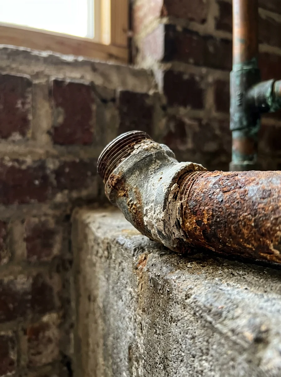 Close-up of corroded galvanized steel water pipe from a 1970s-era Hanahan home, showing rust and mineral buildup