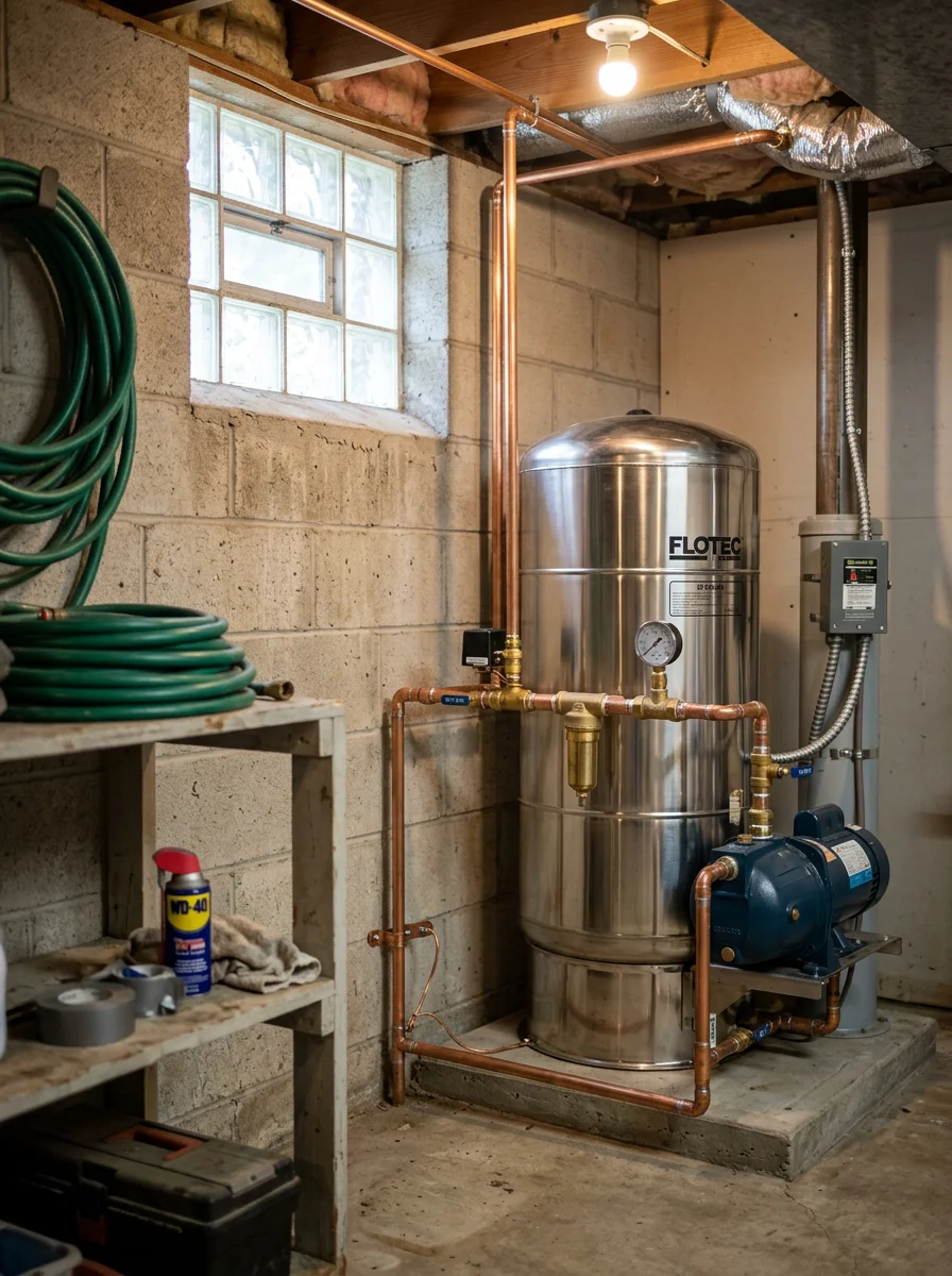 Well pump and pressure tank installation in a Holly Hill home's utility area