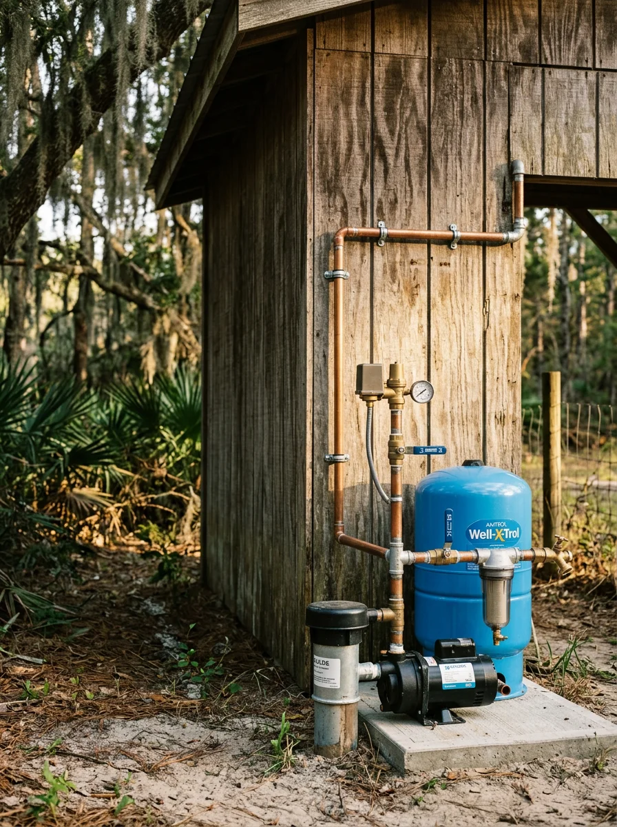 Well pump and pressure tank system installation in a Huger, SC Lowcountry property