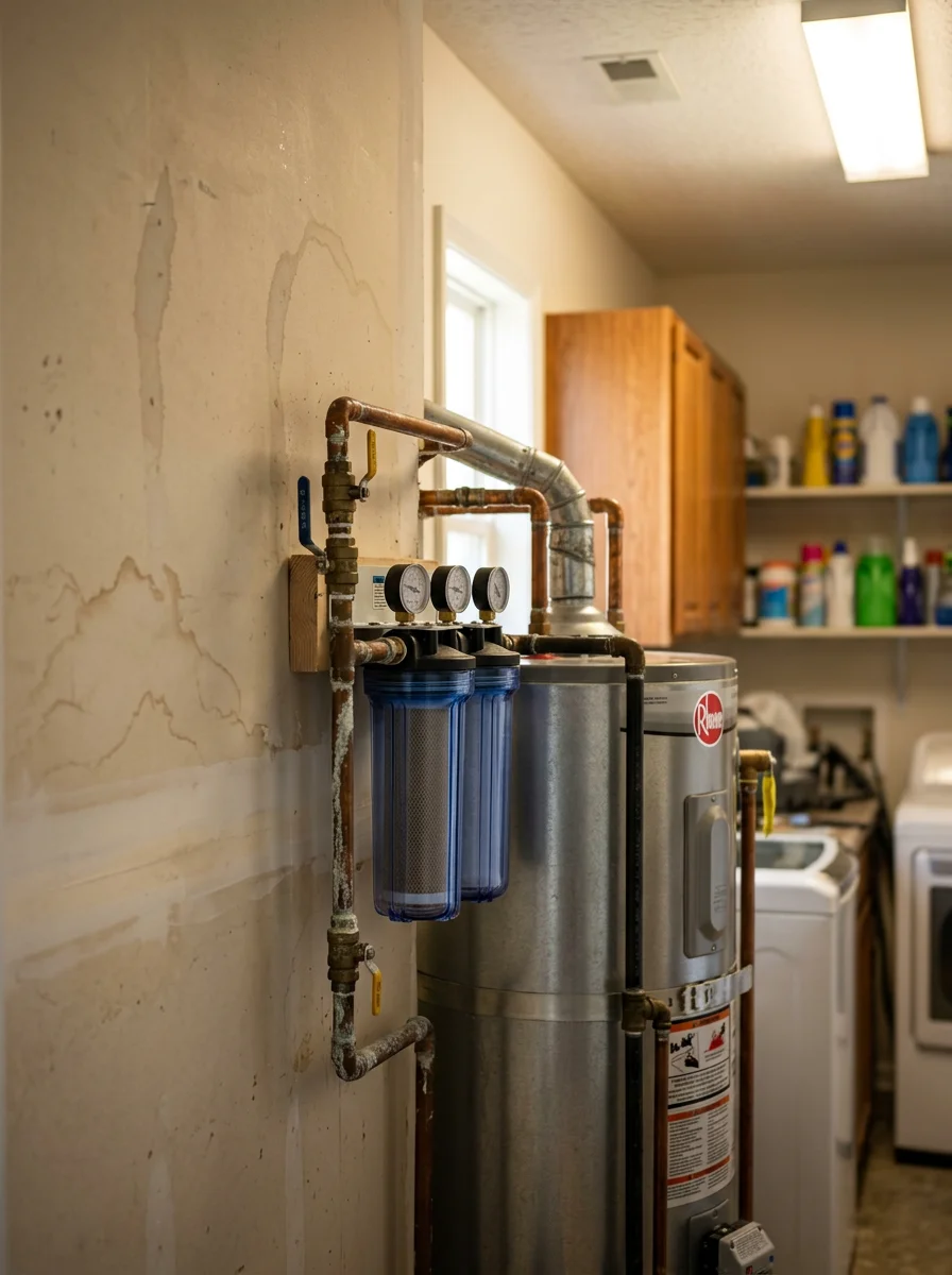 Water heater installation in Ladson home showing sediment filtration system for mineral-heavy local water supply