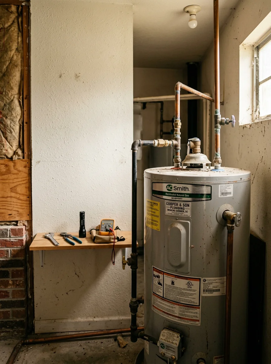 KO Plumbing technician performing water heater maintenance and inspection in Moncks Corner home