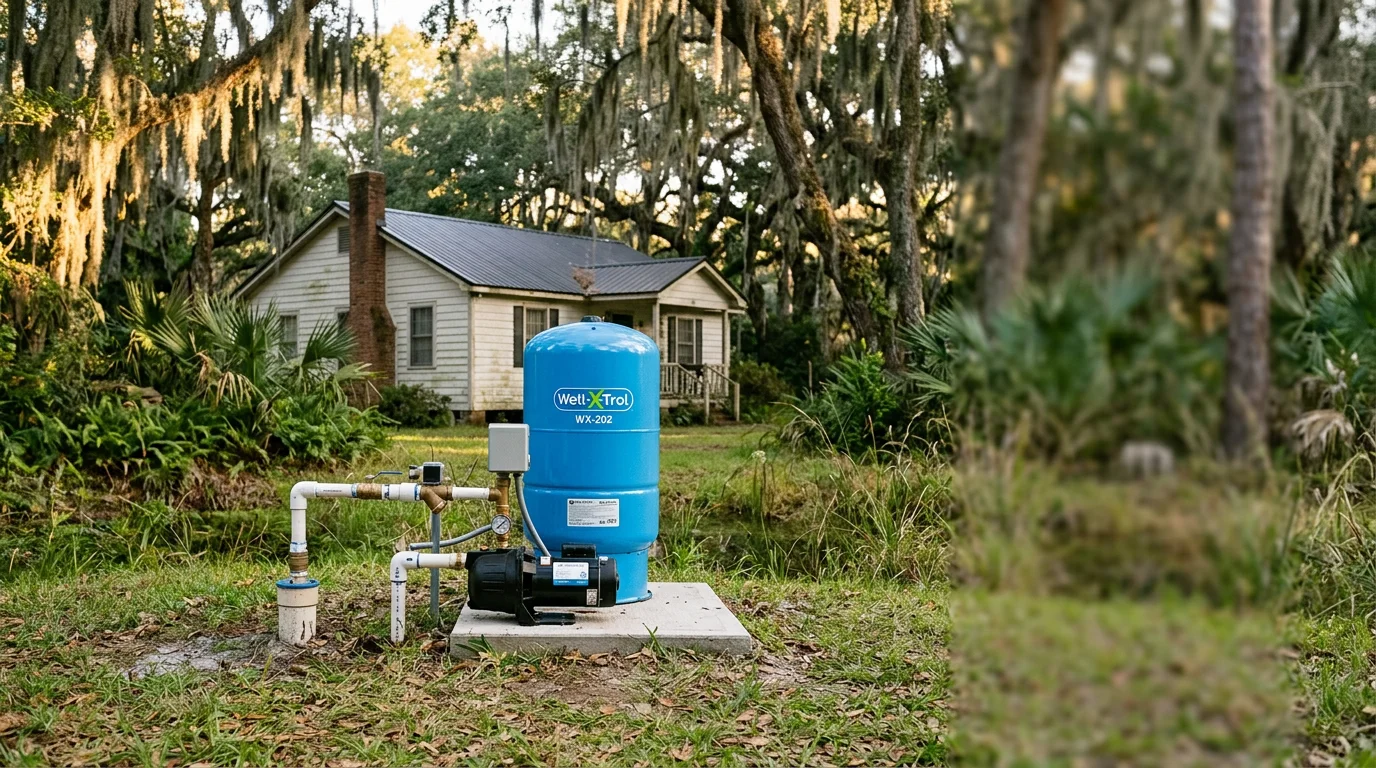 Moncks Corner SC residential home with well pump system and pressure tank in yard surrounded by trees and wetlands