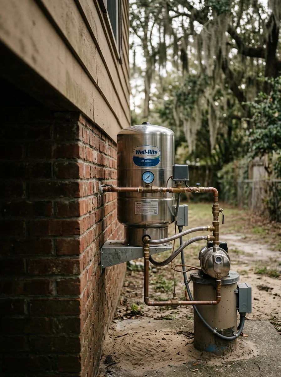 Well pump and pressure tank installation for private water system in Mt Holly area home