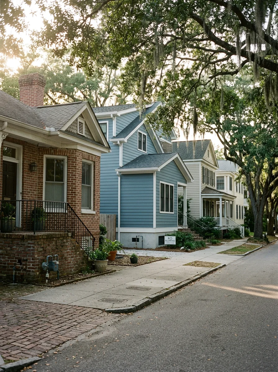 Residential street in Mt Pleasant with mixed-era homes showing older and newer construction, illustrating the variety of plumbing systems KO Plumbing services