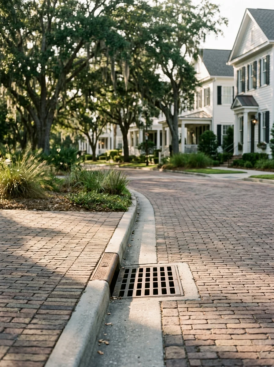 Coastal South Carolina landscape with drainage system and storm management features common to North Charleston properties