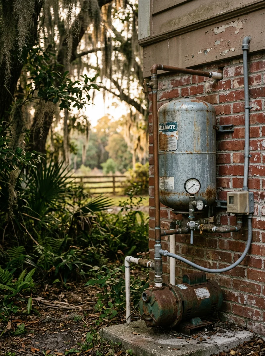 Technician performing well pump pressure tank inspection on residential property in Berkeley County