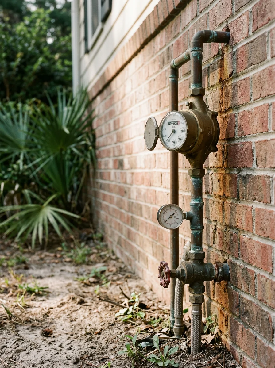 Close-up of a residential water meter and well pump connection in Ridgeville, showing the private well infrastructure common to the area.