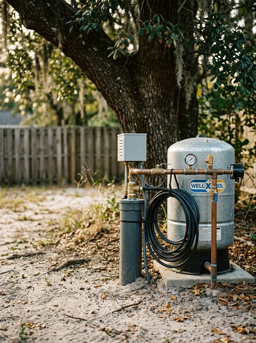 Well pump and pressure tank installation in sandy Summerville soil, showing proper placement for reliable water delivery