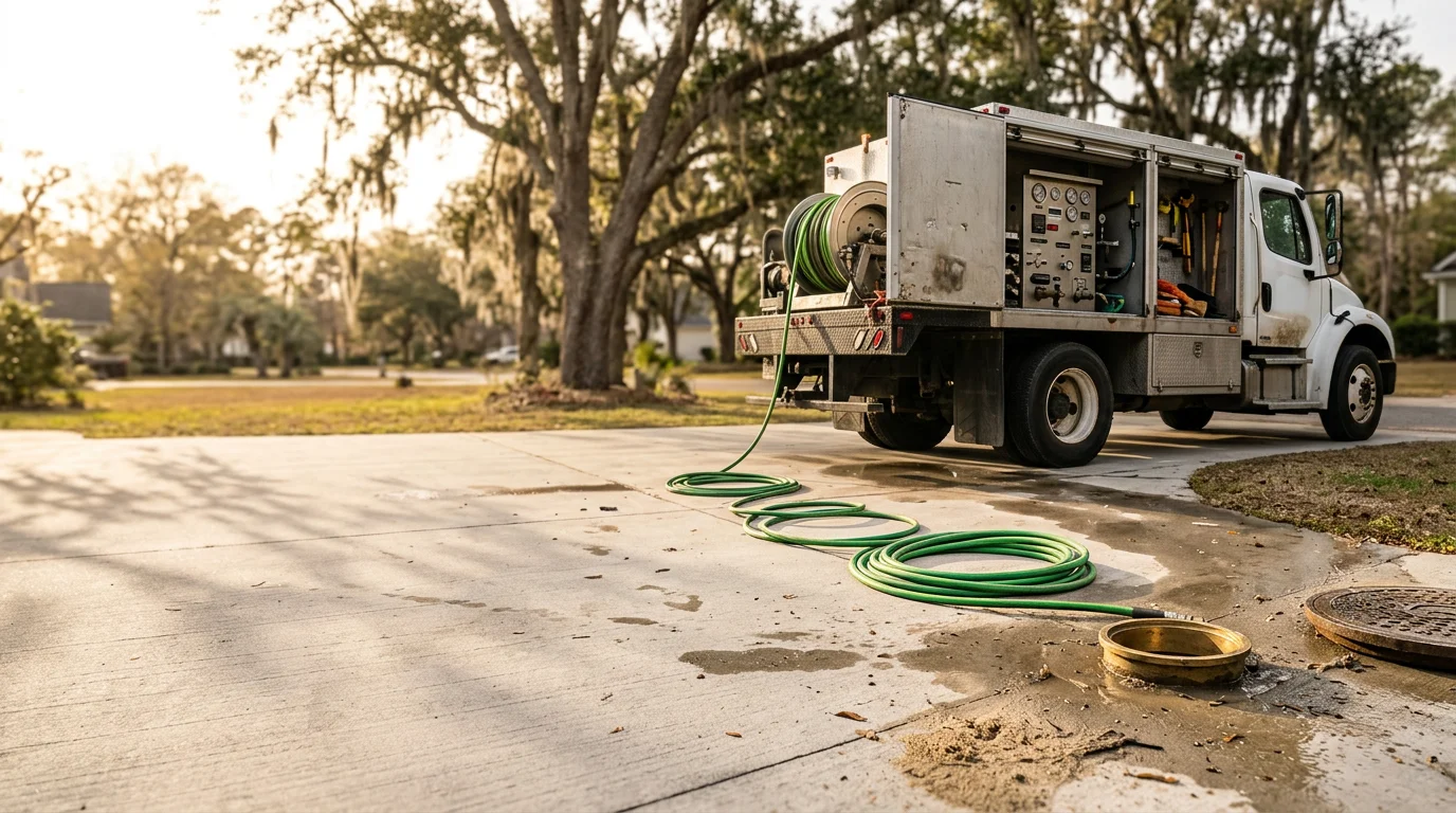 A plumber using hydro jetting equipment to clear a blocked drain line at a residential property in Berkeley County, South Carolina. High-pressure water hose feeds into a clean-out access point while the technician monitors the line.