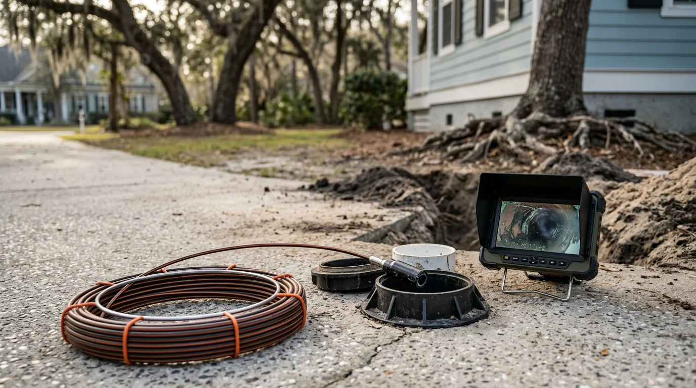 A plumber from KO Plumbing reviewing drain inspection findings at a residential property in Berkeley County, South Carolina. The image shows a drain access point in a crawl space typical of Lowcountry homes.