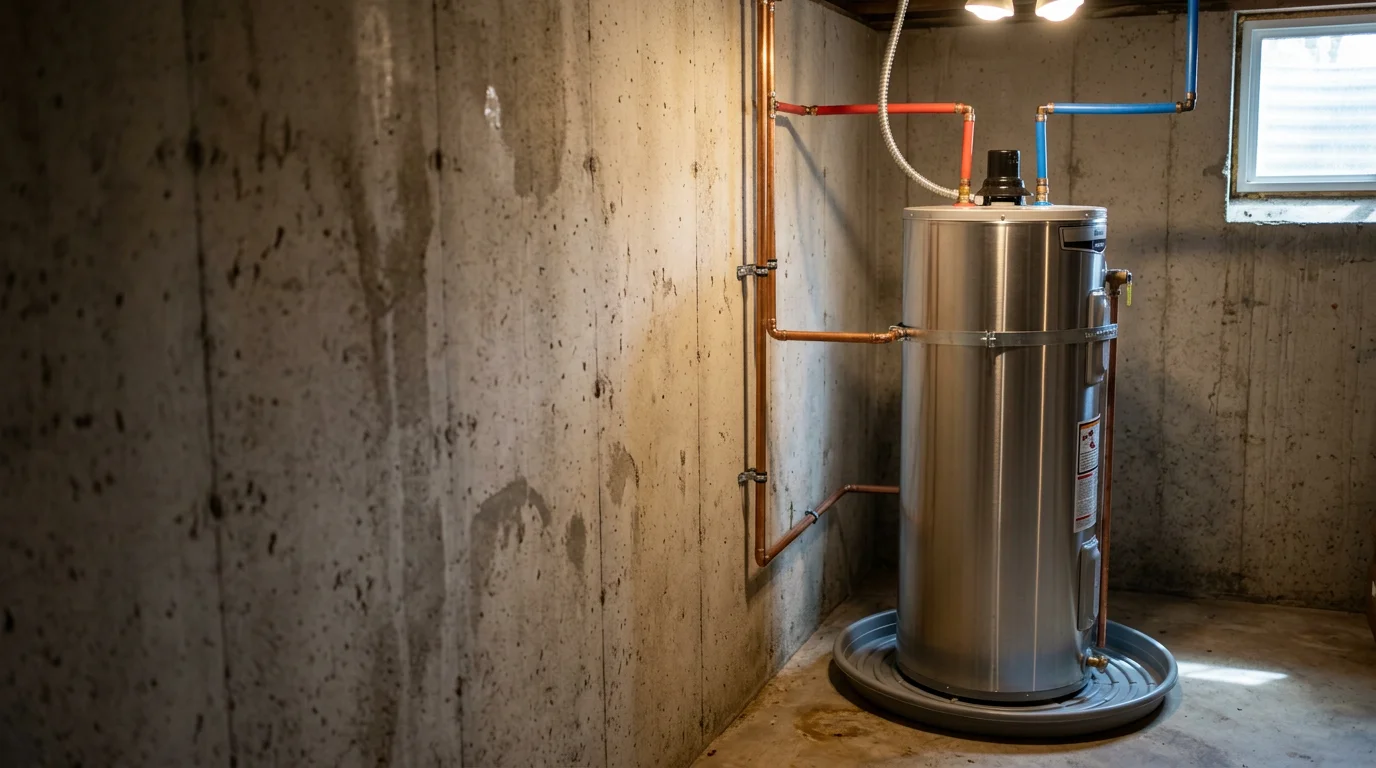 A newly installed hot water heater in a residential utility space in Berkeley County, South Carolina, with clean pipe connections and proper fittings. A KO Plumbing technician checks the unit to confirm it is operating correctly.