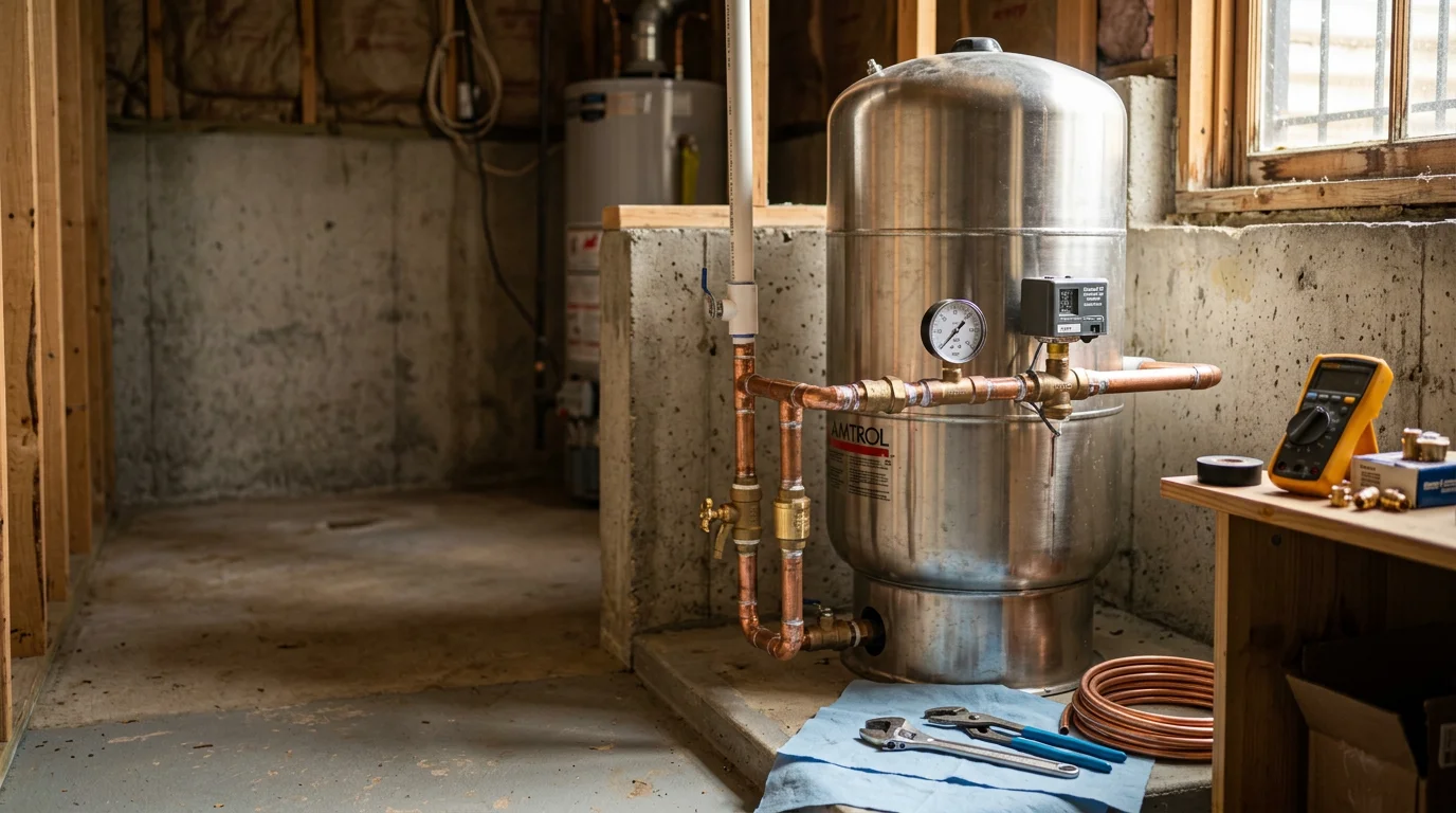 A residential pressure tank connected to a well pump system inside a utility area of a home in Berkeley County, South Carolina. A plumber inspects the tank and pressure gauge to assess system performance.