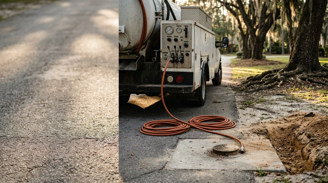 A plumber using professional sewer line cleaning equipment at a residential cleanout in Berkeley County, South Carolina. The technician works at ground level alongside a single-family home with mature trees nearby.