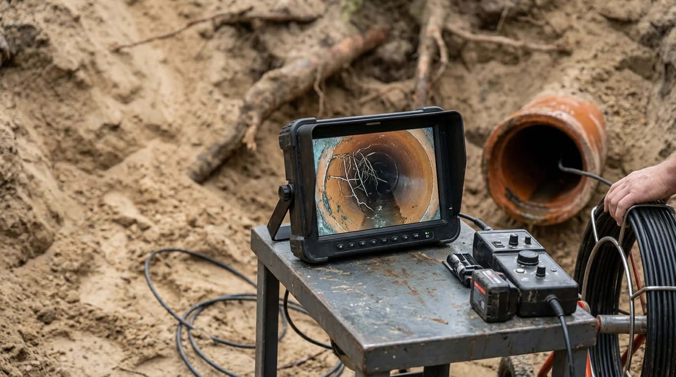 A plumber from KO Plumbing feeding a sewer camera line into a cleanout access point at a residential property in Berkeley County, SC. The camera monitor displays the interior of an underground sewer pipe showing root intrusion near a pipe joint.