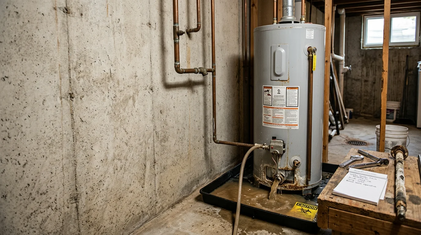 A plumber inspecting and flushing a residential tank water heater in a Berkeley County, South Carolina home. The technician checks the pressure relief valve and drain valve during a routine maintenance visit.