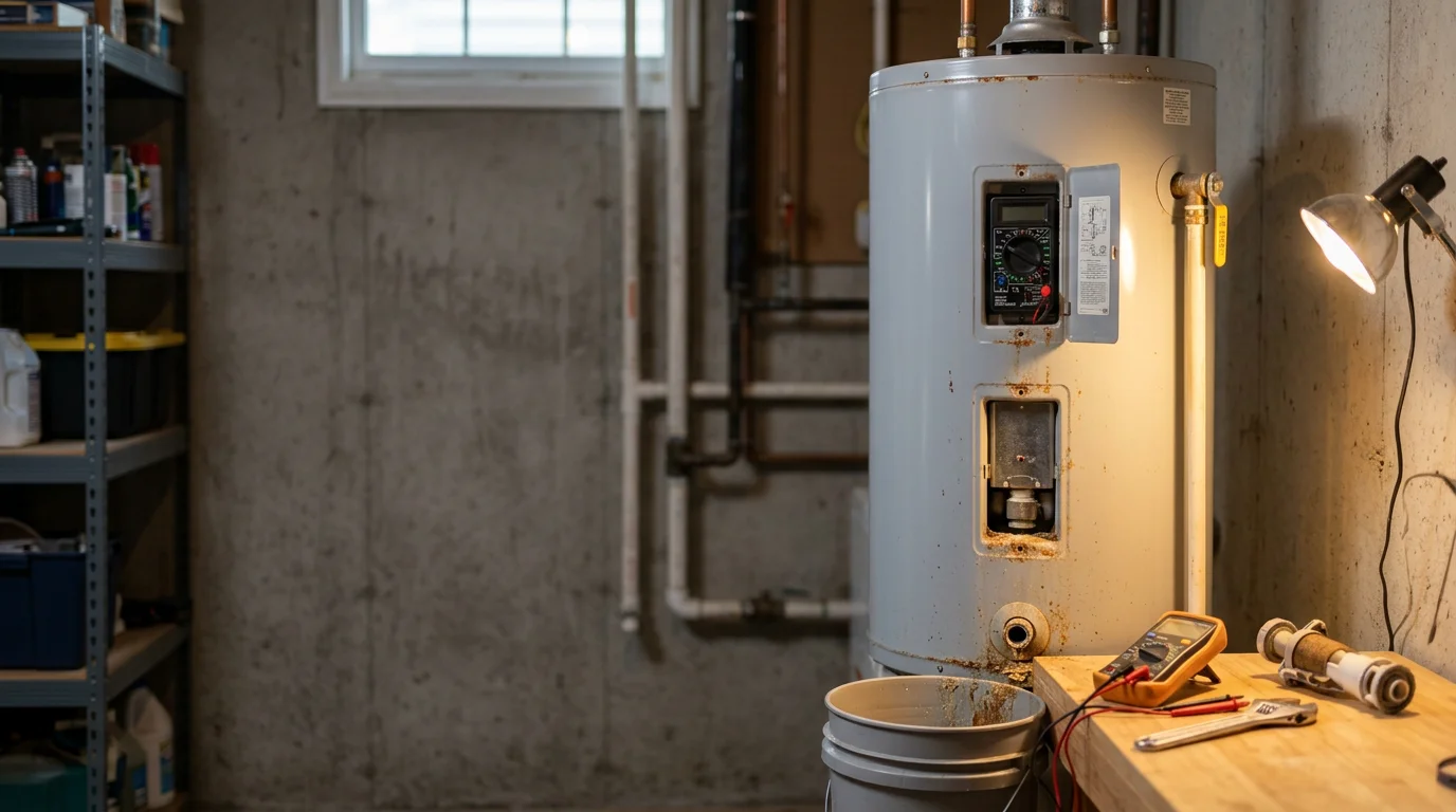 A plumber inspecting a residential tank water heater in a Berkeley County, South Carolina home, checking the pressure relief valve and connections during a repair visit.