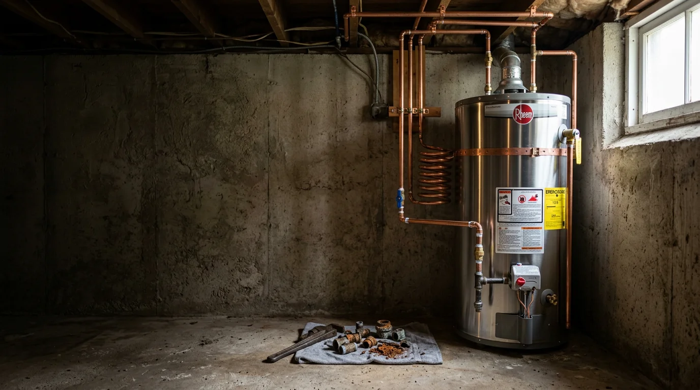 A plumber from KO Plumbing completing a water heater replacement in a Berkeley County, SC home. The old unit has been removed and a new water heater is connected and ready for use.