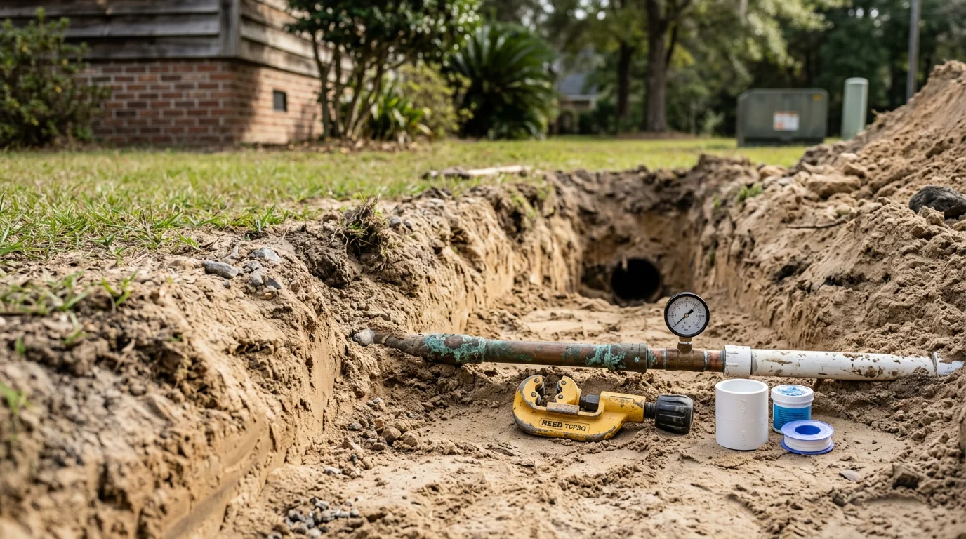 A plumber repairing an exposed underground water line in a residential yard in Berkeley County, South Carolina. The excavated trench shows the damaged pipe section being replaced with new pipe material.