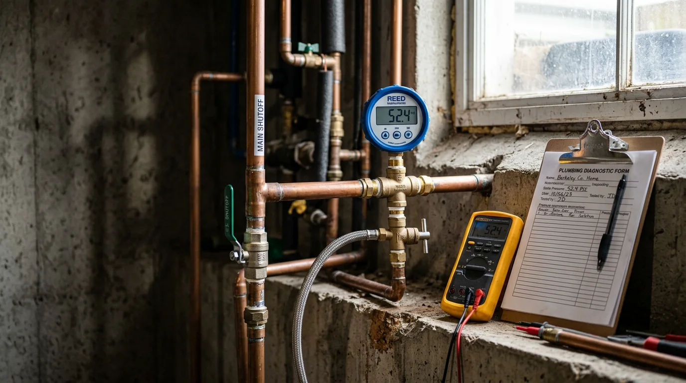A plumber using a pressure gauge on a residential supply line inside a Berkeley County home. The image shows the diagnostic process for identifying low water pressure at the main shutoff area.