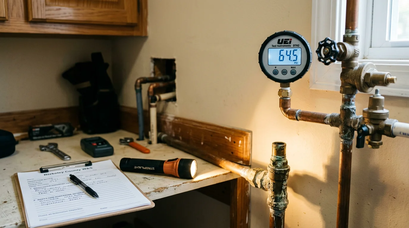 A plumber inspecting water supply lines and shut-off valves beneath a kitchen sink in a Berkeley County, South Carolina home. The image shows visible pipe connections being examined during a professional water system inspection.