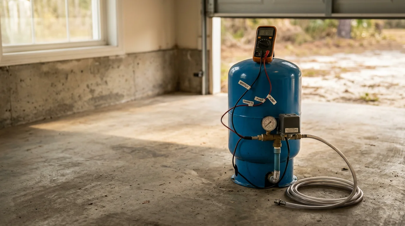 A plumber inspecting a well pump pressure tank and pressure switch inside a utility area of a residential home in Berkeley County, South Carolina. The technician checks electrical connections and gauges to diagnose low water pressure issues.