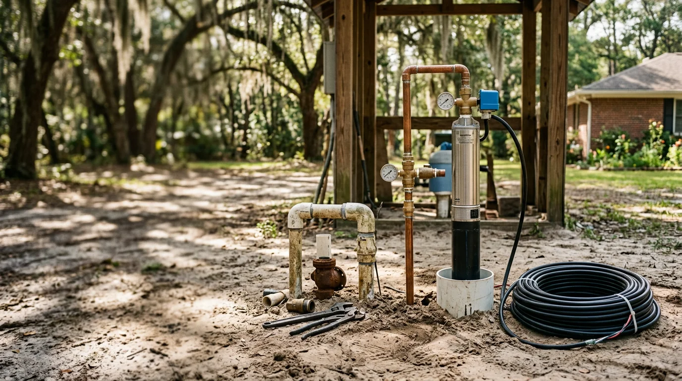 A plumber setting a new submersible well pump at a residential property in Berkeley County, South Carolina, with the wellhead open and pump components laid out on the ground nearby.