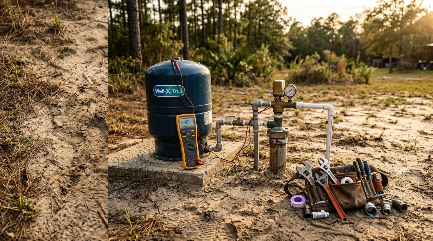 A plumber inspecting a residential well pump and pressure tank system in a utility area of a home in Berkeley County, South Carolina. The image shows pump components, piping connections, and a pressure gauge being assessed for service or repair.